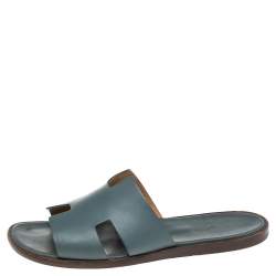 Hermes Blue Leather Izmir Flat Slides Size 43