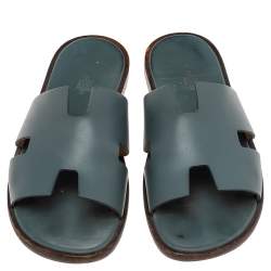 Hermes Blue Leather Izmir Flat Slides Size 43