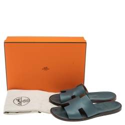 Hermes Blue Leather Izmir Flat Slides Size 43