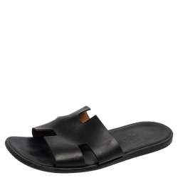 Hermes Black Leather Izmir Slide Sandals Size 43 