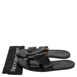 Hermes Black Leather Izmir Slide Sandals Size 43 