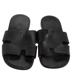 Hermes Black Leather Izmir Slide Sandals Size 43 