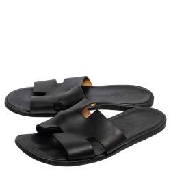 Hermes Black Leather Izmir Slide Sandals Size 43 