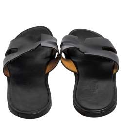 Hermes Black Leather Izmir Slide Sandals Size 43 
