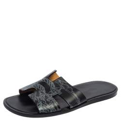 Pre Owned Hermes Black Ferronnerie Print Leather Izmir Flat Sandals Size 45