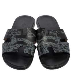 Pre Owned Hermes Black Ferronnerie Print Leather Izmir Flat Sandals Size 45