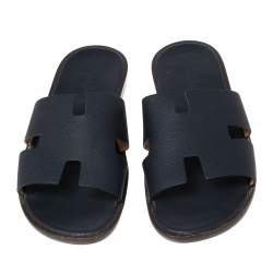 Hermés Dark Blue Leather Izmir Flat Slides Size 42.5