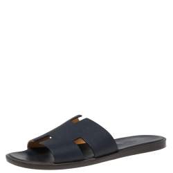 Hermés Dark Blue Leather Izmir Flat Slides Size 42.5