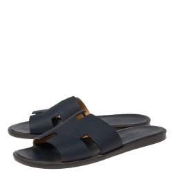 Hermés Dark Blue Leather Izmir Flat Slides Size 42.5