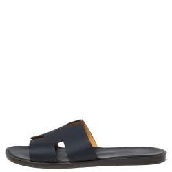 Hermés Dark Blue Leather Izmir Flat Slides Size 42.5