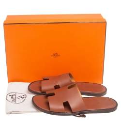 Hermes Tan Leather Izmir Flat Slides Size 40.5