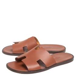 Hermes Tan Leather Izmir Flat Slides Size 40.5