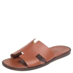 Hermes Tan Leather Izmir Flat Slides Size 40.5
