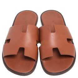 Hermes Tan Leather Izmir Flat Slides Size 40.5