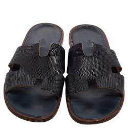 Pre Owned Hermés Navy Blue Lizard Embossed Leather Izmir Flat Slides Size 44.5