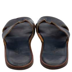 Pre Owned Hermés Navy Blue Lizard Embossed Leather Izmir Flat Slides Size 44.5
