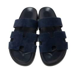 Pre Owned Hermès Navy Blue Suede Flat Sandals Size 42