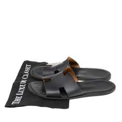 Hermes Black Leather Izmir Slide Sandals Size 41