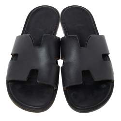 Hermes Black Leather Izmir Slide Sandals Size 41