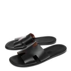 Hermes Black Leather Izmir Flat Slides Size 43.5