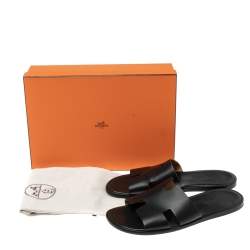 Hermes Black Leather Izmir Flat Slides Size 43.5