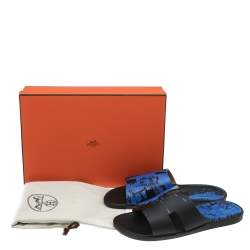 Hermes Blue/Black Leather Peinture Fraiche Print Izmir Flat Slides Size 43