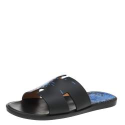 Hermes Blue/Black Leather Peinture Fraiche Print Izmir Flat Slides Size 43