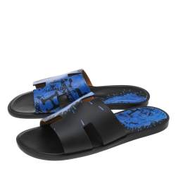 Hermes Blue/Black Leather Peinture Fraiche Print Izmir Flat Slides Size 43