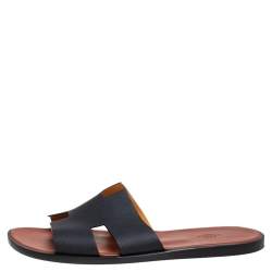 Hermes Black Leather Izmir Flat Sandals Size 47
