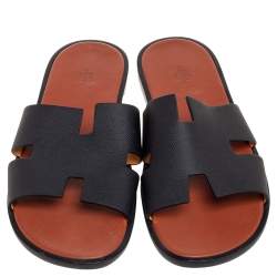 Hermes Black Leather Izmir Flat Sandals Size 47
