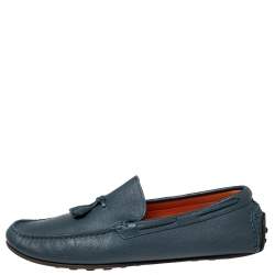 Pre Owned Hermes Navy Blue Leather Bow Detail Driver Loafers Size 41.5