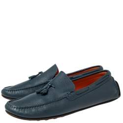 Pre Owned Hermes Navy Blue Leather Bow Detail Driver Loafers Size 41.5