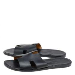 Hermes Black Leather Izmir Flat Slides Size 45