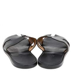 Hermes Black Leather Izmir Flat Slides Size 45