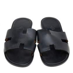 Hermes Black Leather Izmir Flat Slides Size 45