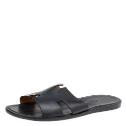 Hermes Black Leather Izmir Flat Slides Size 45
