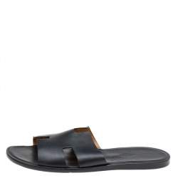 Hermes Black Leather Izmir Flat Slides Size 45