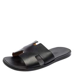 Hermes Black Leather Izmir Flat Slides Size 40