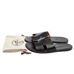 Hermes Black Leather Izmir Flat Slides Size 40
