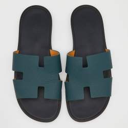 Hermés Green Epsom Leather Izmir Flat Slides Size 42.5