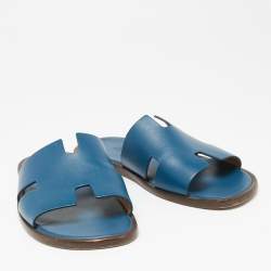Hermes Blue Leather  Izmir  Flat Sandals Size 43
