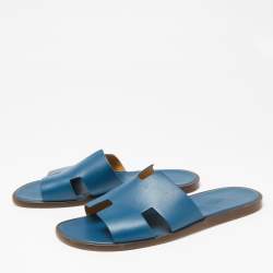 Hermes Blue Leather  Izmir  Flat Sandals Size 43