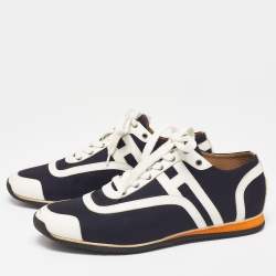 Hermes Navy Blue/White Leather And Canvas Tie Break Low Top Sneakers Size 41 