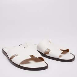 Hermes White Leather Izmir Flat Slides Size 46