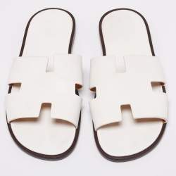 Hermes White Leather Izmir Flat Slides Size 46