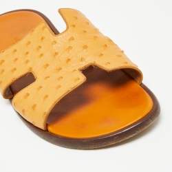 Hermes Light Orange Ostrich Leather Izmir Flat Slides Size 44.5