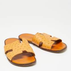Hermes Light Orange Ostrich Leather Izmir Flat Slides Size 44.5