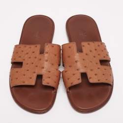 Pre Owned Hermes Brown Ostrich Izmir Sandals Size 42