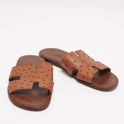 Pre Owned Hermes Brown Ostrich Izmir Sandals Size 42