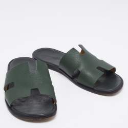 Pre Owned Hermes Green Leather Izmir Flat Sandals Size 43